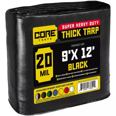 Core Tarps 9 ft x 12 ft Heavy Duty Polyethylene Tarp 20 Mil Black Tarps