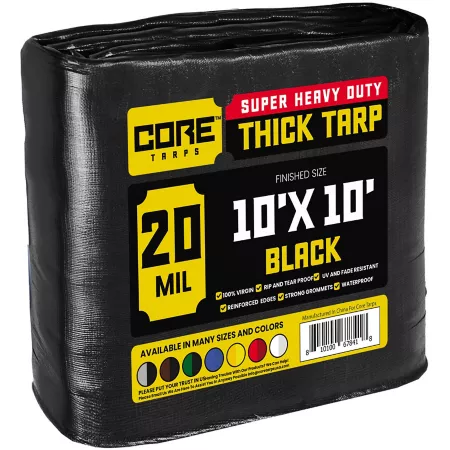 Core Tarps Heavy Duty Polyethylene Tarp Waterproof UV Resistant Rip Resistant 10 ft x 10 ft 20 mil Black Tarps