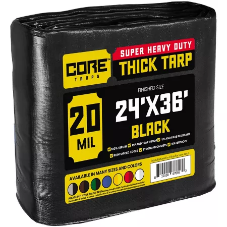 Core Tarps Heavy Duty Polyethylene Tarp Waterproof UV Resistant Rip Resistant 24 ft x 36 ft 20 Mil Black Tarps