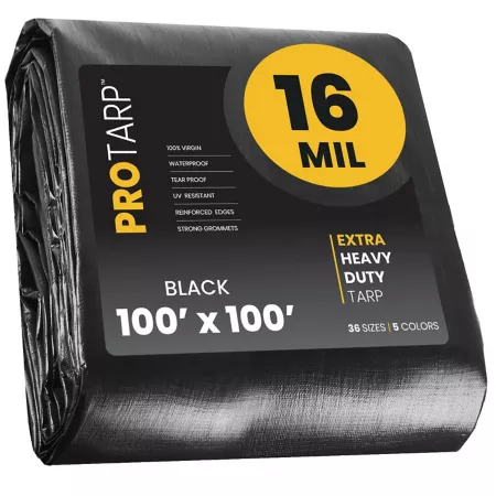 Protarp Heavy Duty 16 Mil Polyethylene Tarp Waterproof UV Resistant Tear Proof 100x100 Black PT-106-100X100 Tarps