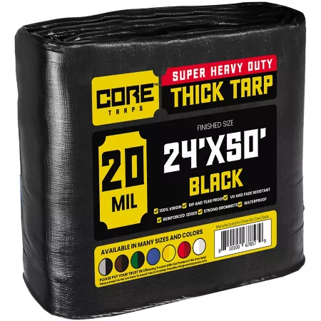 Core Tarps Heavy Duty Polyethylene Tarp Waterproof UV Resistant Rip Resistant 24 ft x 50 ft 20 Mil Black Tarps