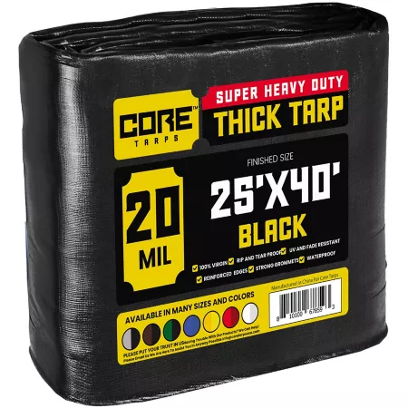 Core Tarps Heavy Duty Polyethylene Tarp Waterproof UV Resistant Rip Resistant 25 ft x 40 ft 20 Mil Black Tarps