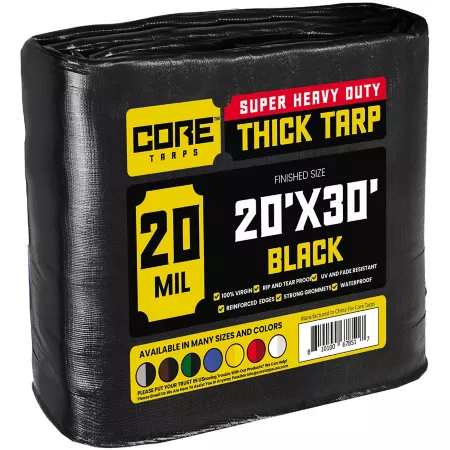 Core Tarps Heavy Duty Polyethylene Tarp Waterproof UV Resistant Rip Resistant 20 ft x 30 ft 20 mil Black Tarps