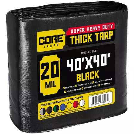 Core Tarps Heavy Duty Polyethylene Tarp Waterproof UV Resistant Rip Resistant 40 ft x 40 ft 20 mil Black Tarps