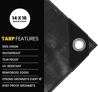 Image showing  Polyethylene Heavy Duty 16 Mil Tarp, Waterproof, UV Resistant, Rip and Tear Proof, 10 x 12, Black, PT-106-10X12