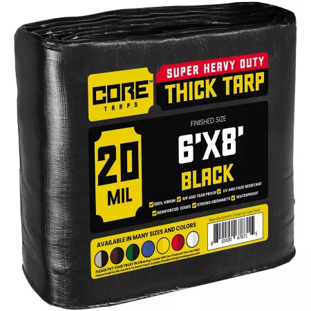 Core Tarps Heavy Duty 20 Mil Poly Tarp Waterproof UV Resistant Tear Resistant 6x8 Black CT-706-6x8 Tarps