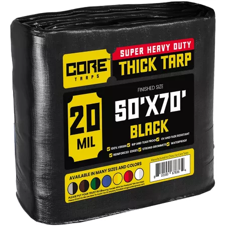 Core Tarps Heavy Duty 20 Mil Poly Tarp Waterproof UV Resistant Tear Resistant 50x70 Black CT-706-50x70 Tarps