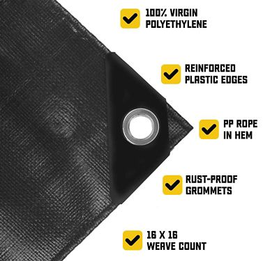 Image showing  Polyethylene Heavy Duty 20 Mil Tarp, Waterproof, UV Resistant, Rip and Tear Proof, 100 x 100 Black, CT-706-100x100