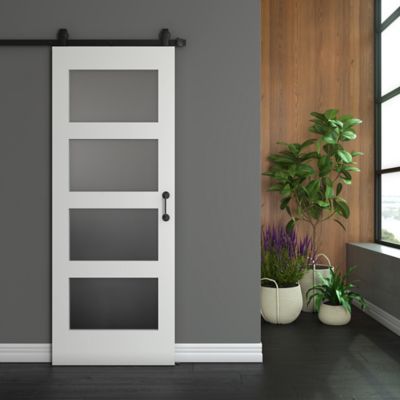 Image showing  Frosted Glass 4-Lite Shaker Barn Door Slab, 32 in. x 84 in.