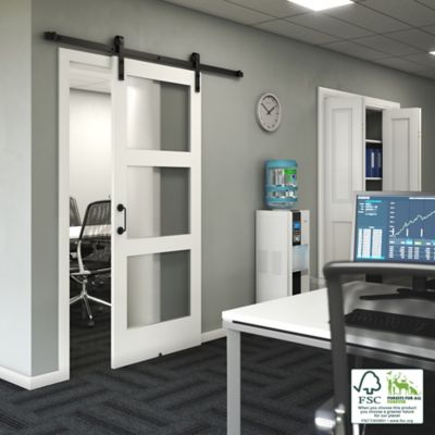 Image showing 6 th EightDoors 36 in. x 96 in. Frosted Glass 3-Lite Shaker Barn Door Slab