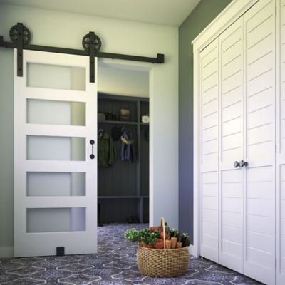 Image showing  Frosted Glass 5-Lite Shaker Barn Door Slab, 36 in. x 84 in.