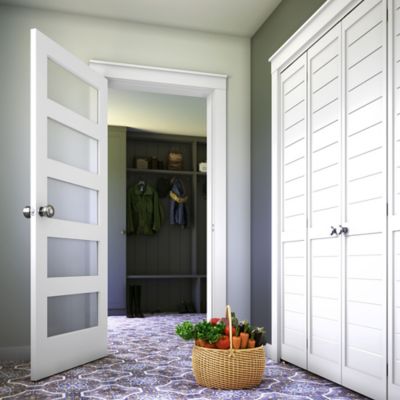Image showing  42 in. x 96 in. Frosted Glass 5-Lite Shaker Barn Door Slab