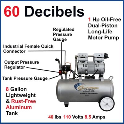 Image showing  8010ALFC Ultra Quiet & Oil-Free 1.0 Hp 8.0 Gal. Aluminum Tank Air Compressor