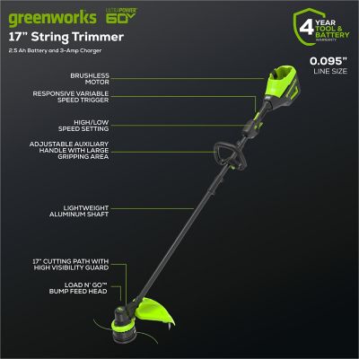 Image showing 8 th Greenworks 17 in. 60V Straight Shaft Cordless String Trimmer, Battery and Charger Included