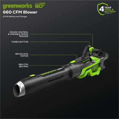 Image showing 7 th Greenworks 180 MPH/660 CFM 60V Cordless Handheld Leaf Blower, Battery and Charger Included