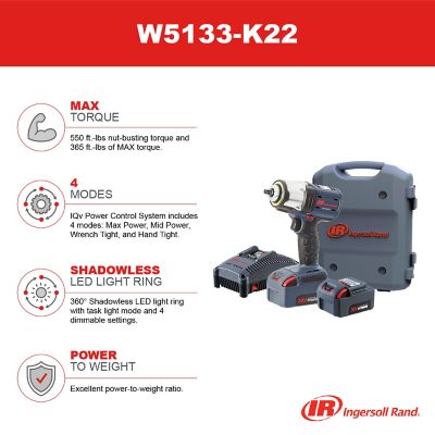 Image showing 8 th Ingersoll Rand 20-V Mid-torque 3/8 in. Cordless Impact Wrench Kit, 550 lbs. Nut-busting Torque, 2 Batt and Charger, W5133-K22