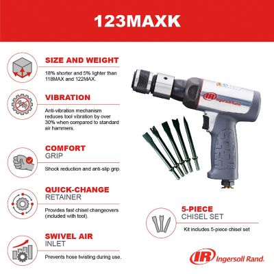 Image showing 7 th Ingersoll Rand Industrial Duty Air Hammer 5-Piece Chisel Set, 3530 BPM, 2-5/8 in. Stroke, Round Shank