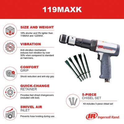 Image showing 6 th Ingersoll Rand Long Barrel Air Hammer 5 pc. Chisel Set, Vibration Reduced, 2530 BPM, 3-1/2 in. Stroke, Round Shank