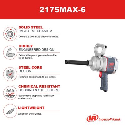 Image showing 8 th Ingersoll Rand 1 in. Air Impact Wrench, 2,000 ft.-lb. Max Torque Pistol Grip, 6 in. Extended Anvil