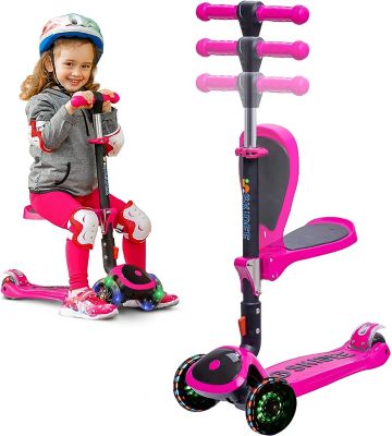 SKIDEE Toddlers' 3-Wheel Folding Scooter with Adjustable Seat, Ages 2-12, Pink