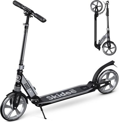 SKIDEE Kids' 2-Wheel Folding Kick Scooter with Adjustable Handles, Ages 5 and Up, Black/Silver