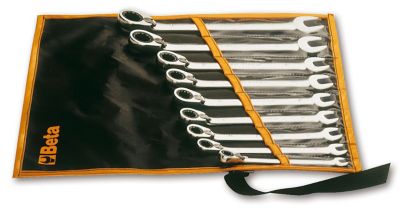 Beta Tools 142/B9 Set of 9 12 pt. Reversible Ratcheting Combination Wrenches in Tool Roll, 8mm-19mm, 1420069