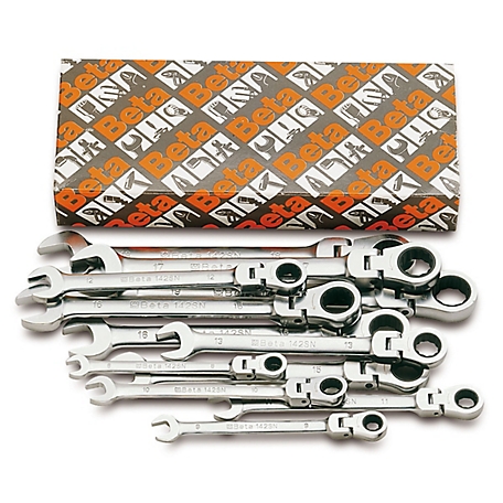 Beta Tools 142SN Set of 13 Flex head Ratcheting Combination Wrenches, Chrome-Plated, 7mm - 19mm