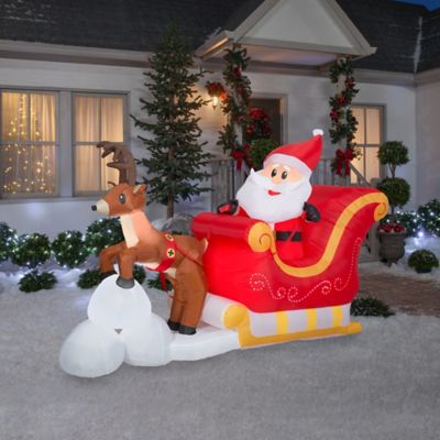 Image showing  13.78 in. Pre-Lit Lightshow Airblown Sewn-In Micro LED Santa and Sleigh Takeoff Scene Christmas Decoration