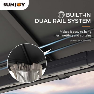 Image showing 5 th Sunjoy Hardtop Gazebo 10 x 12ft. Outdoor Heavy Duty Steel Frame, Double Roof Metal Gazebo Removable Netting Sidewalls, Black