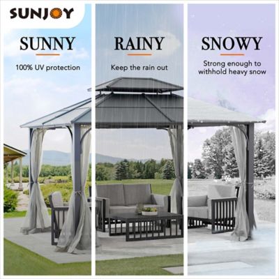 Image showing 7 th Sunjoy Hardtop Gazebo 10 x 12ft. Outdoor Heavy Duty Steel Frame, Double Roof Metal Gazebo Removable Netting Sidewalls, Black