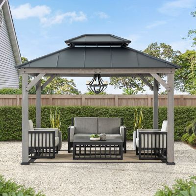 Image showing  10 x 12 ft. Wood Gazebo, Outdoor Patio Steel Hardtop Gazebo, Cedar Framed Wooden Gazebo with 2-Tier Metal Roof