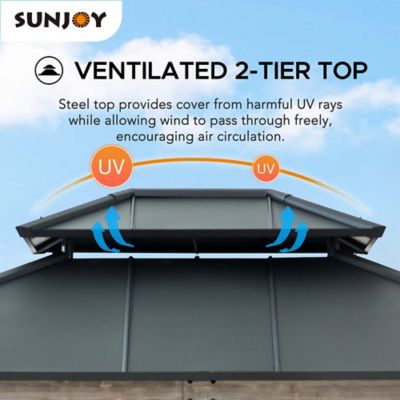 Image showing  10 x 12 ft. Wood Gazebo, Outdoor Patio Steel Hardtop Gazebo, Cedar Framed Wooden Gazebo with 2-Tier Metal Roof