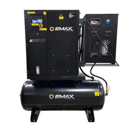 EMAX 10HP 1PH 45CFM @ 100PSI 230V Motor 1750 RPM Soft Start Industrial Rotary Screw Compressor-120G Tank Rack with Air Dryer Rotary Screw Air Compressors