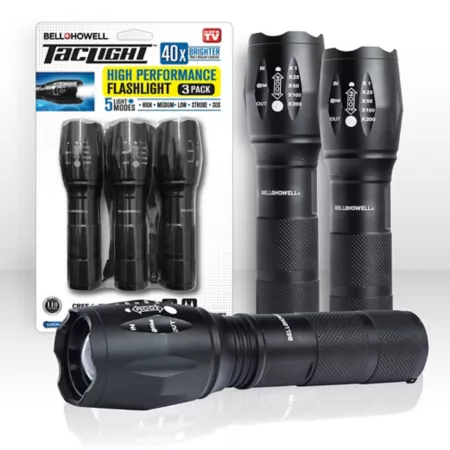 Bell & Howell Tac Light Flashlight - Water Resistant 5 Modes and Zoom Function (Set of 3) Flashlights