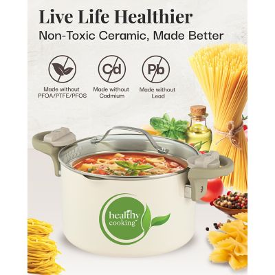 Image showing  Natural Collection 5 qt. Cream Pasta Pot with Twist & Lock Handles & Strainer