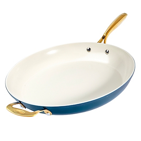 Gotham Steel Natural Collection 14 in. Frying Pan in Cream and Navy with Gold Handles