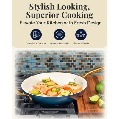 Image showing  Natural Collection 14 in. Frying Pan in Cream and Navy with Gold Handles