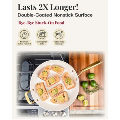 Image showing  Natural Collection 14 in. Frying Pan in Cream and Navy with Gold Handles