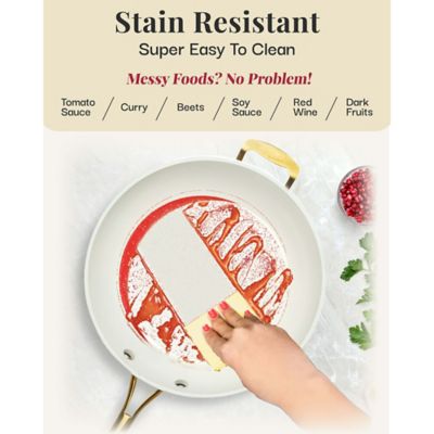 Image showing  Natural Collection 14 in. Frying Pan in Cream and Navy with Gold Handles