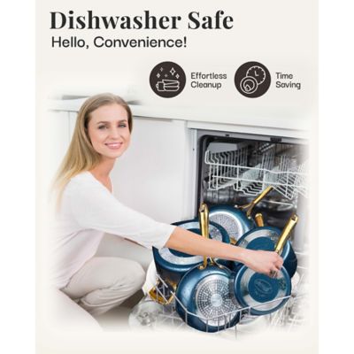 Image showing 6 th Gotham Steel Natural Collection 14 in. Frying Pan in Cream and Navy with Gold Handles