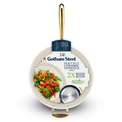 Image showing 7 th Gotham Steel Natural Collection 14 in. Frying Pan in Cream and Navy with Gold Handles