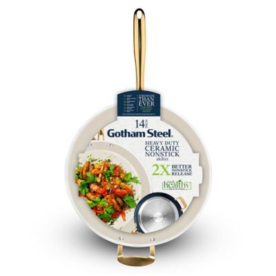 Image showing 8 th Gotham Steel Natural Collection 14 in. Frying Pan in Cream and Navy with Gold Handles