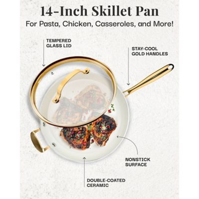 Image showing  Natural Collection 14 in. Frying Pan with Lid in Cream with Gold Handles