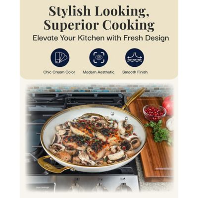 Image showing  Natural Collection 14 in. Frying Pan with Lid in Cream with Gold Handles