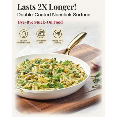 Image showing  Natural Collection 14 in. Frying Pan with Lid in Cream with Gold Handles