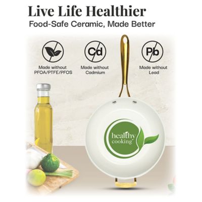 Image showing  Natural Collection 14 in. Frying Pan with Lid in Cream with Gold Handles