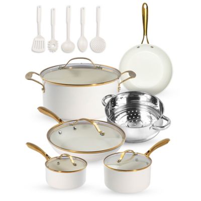 Gotham Steel Natural Collection Cookware Set in Cream with Gold Handles, 15 pc.