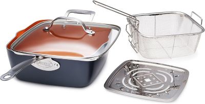 Gotham Steel 9.5 in. Deep Square 4 pc. Frying Pan Set with Lid, Basket & Steamer Tray