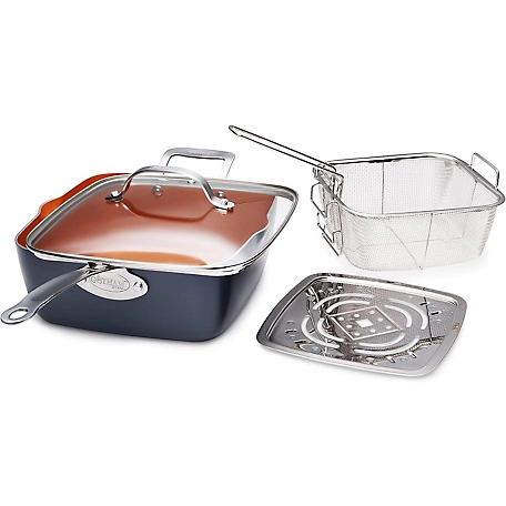 Gotham Steel 9.5 in. Deep Square 4-Piece Frying Pan Set with Lid, Basket & Steamer Tray