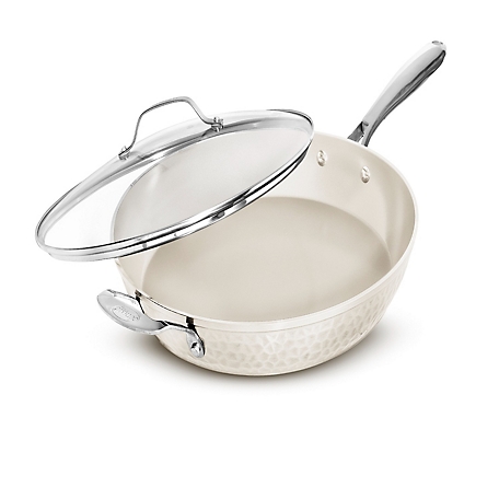 Gotham Steel Hammered Collection 14 in. Skillet with Lid in Cream